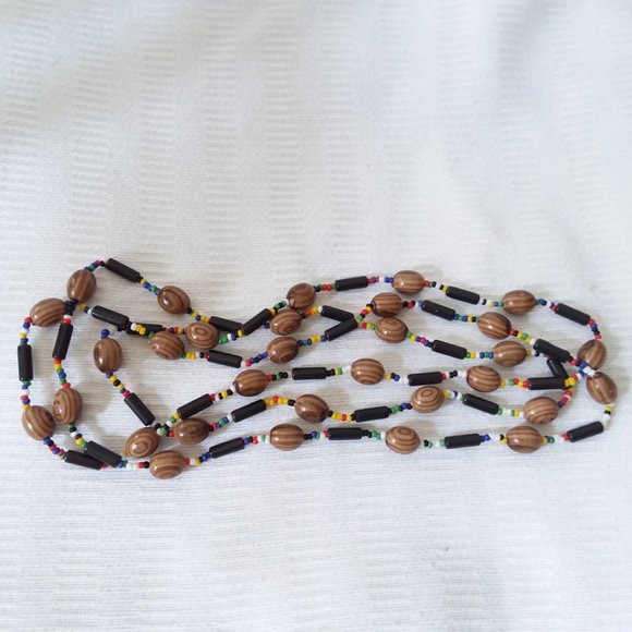 Necklace Glass Beads Wood Seed VTG Boho Stylish Colorful Festive Trendy Handmade - Picture 3 of 4